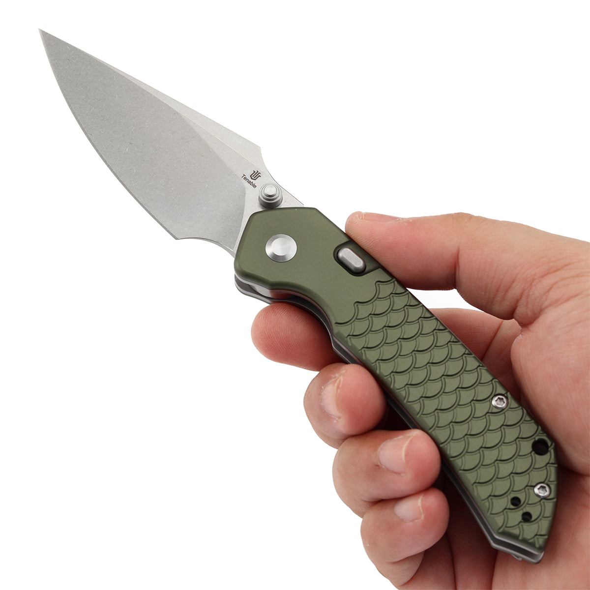 Tenable Fenrir Top Liner Lock Folding Knife| 3.4“ Stonewashed Nitro-V Blade | Green Anodized Aluminum with  Fishscale Texture Handle | Sparrow Knife Design | B1034H7