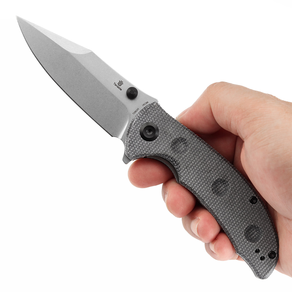 Tenable Rei Folding Knife Black Micarta with Dimples Handle (3.3" Stonewashed 14C28N Blade) Karambit Maker Design--T1061A3