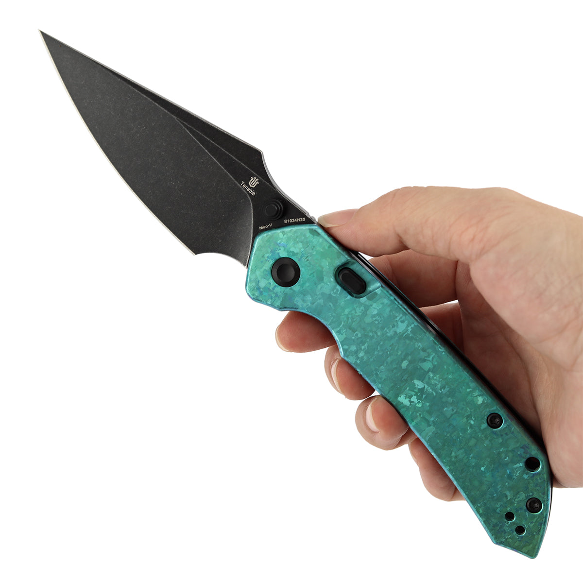 Tenable Fenrir Top Liner Lock Folding Knife | 3.4" Blackwash Nitro-V Blade | Green Anodized Crystallized Titanium Handle | Sparrow Knife Design - B1034H20