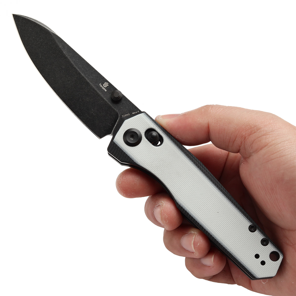 Tenable Beaver Cross Bar Lock Folding Knife Ivory White and Black G10 Handle (3.44'' Blackwash Nitro-V Blade) Kim Ning Design-T1105V2