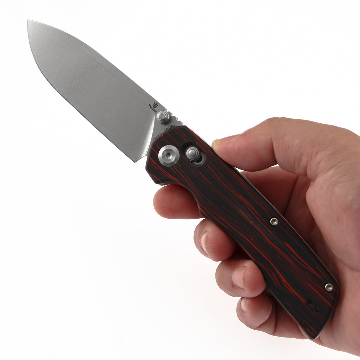 Tenable Kryo Cross Bar Lock | Red & Black G-mascus Handle | 3.58‘’ Stonewashed 14C28N Blade | Kim Ning Design-T1001V11