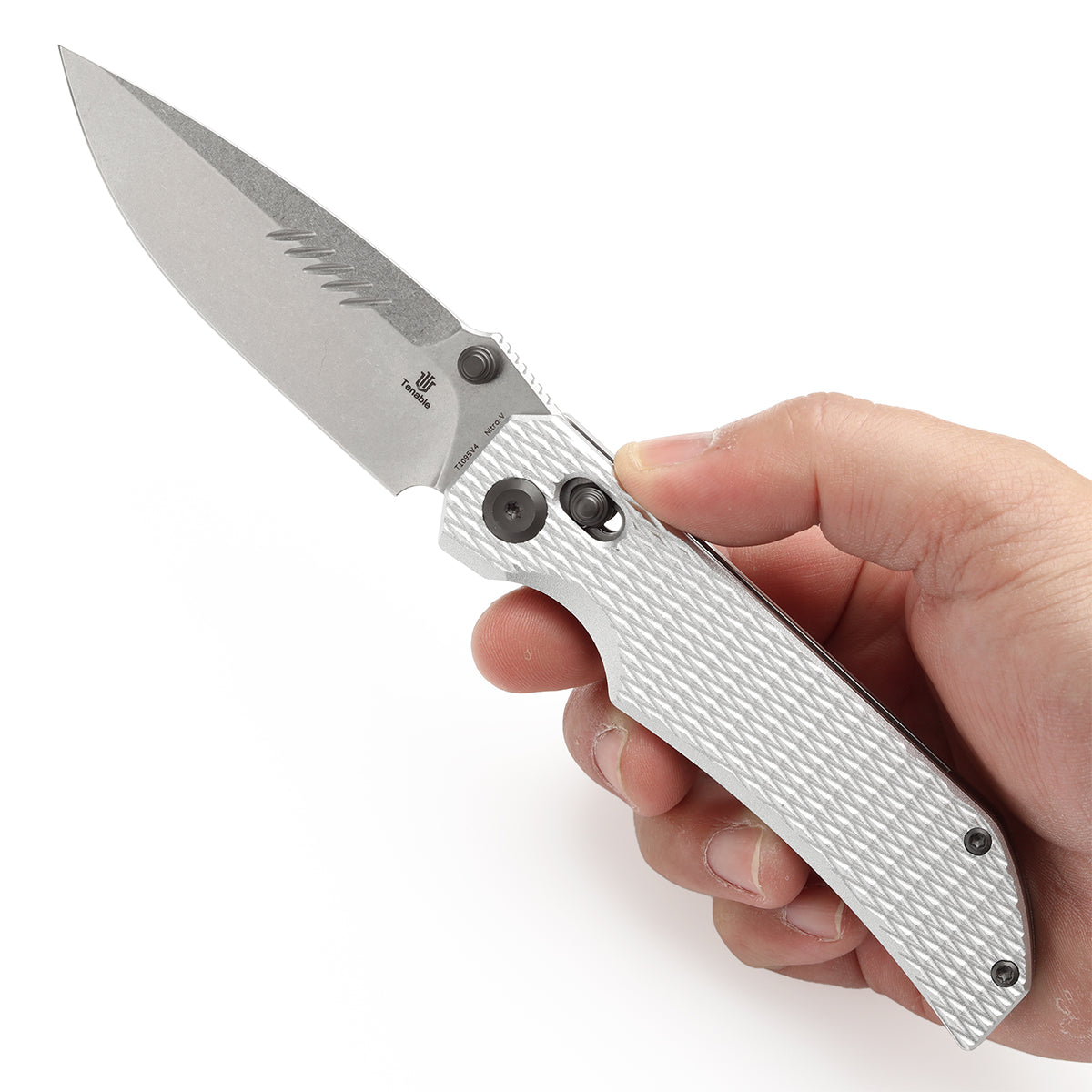 Tenable Eaglestrike Cross Bar Lock Folding Knife Silver Anodized Aluminum with Diamond Pattern Handle (3.73'' Stonewashed Nitro-V Blade) James Lowe Design-T1095V4