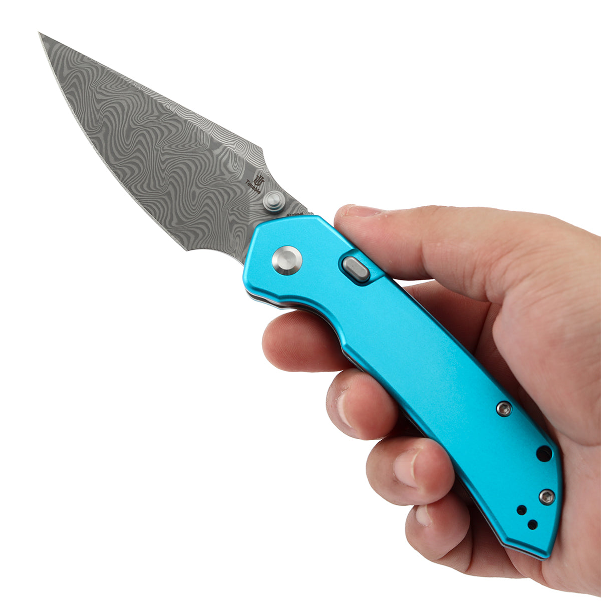 Tenable Fenrir Top Liner Lock Folding Knife|  3.4“ Damascus Blade | Blue Aluminum Handle | Sparrow Knife Design | B1034H8