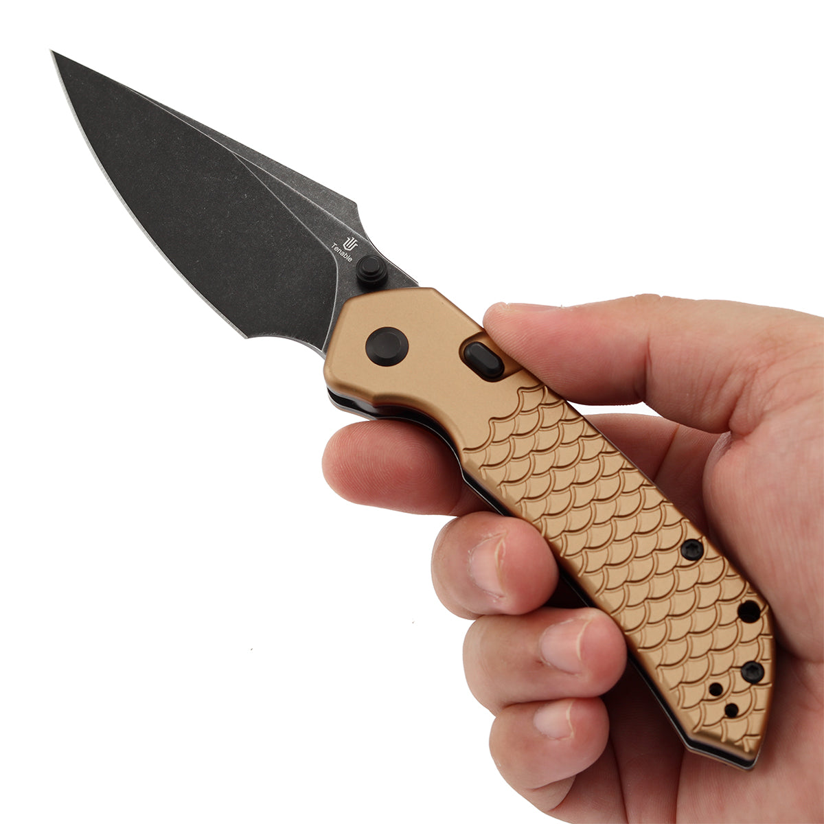 Tenable Fenrir Top Liner Lock Folding Knife|  3.4“ Blackwashed Nitro-V Blade | Bronze Aluminum with Fishscale Texture Handle | Sparrow Knife Design | B1034H11
