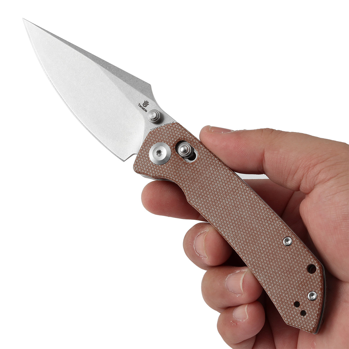 Tenable Fenrir Cross Bar Lock Folding Knife| Brown Micarta | 3.48" Stonewashed Nito-V Blade | Sparrow Knife Design T1034V2