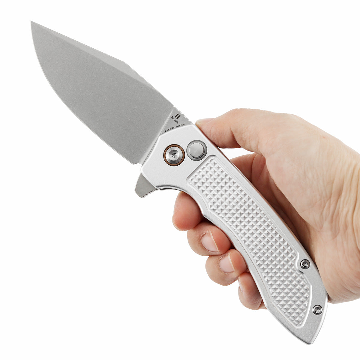 Tenable Entity - Button Lock - 3.52'' Stonewashed 14C28N - Silver Aluminum with Checkered Texture - Nalu Knives Design - B1036F3