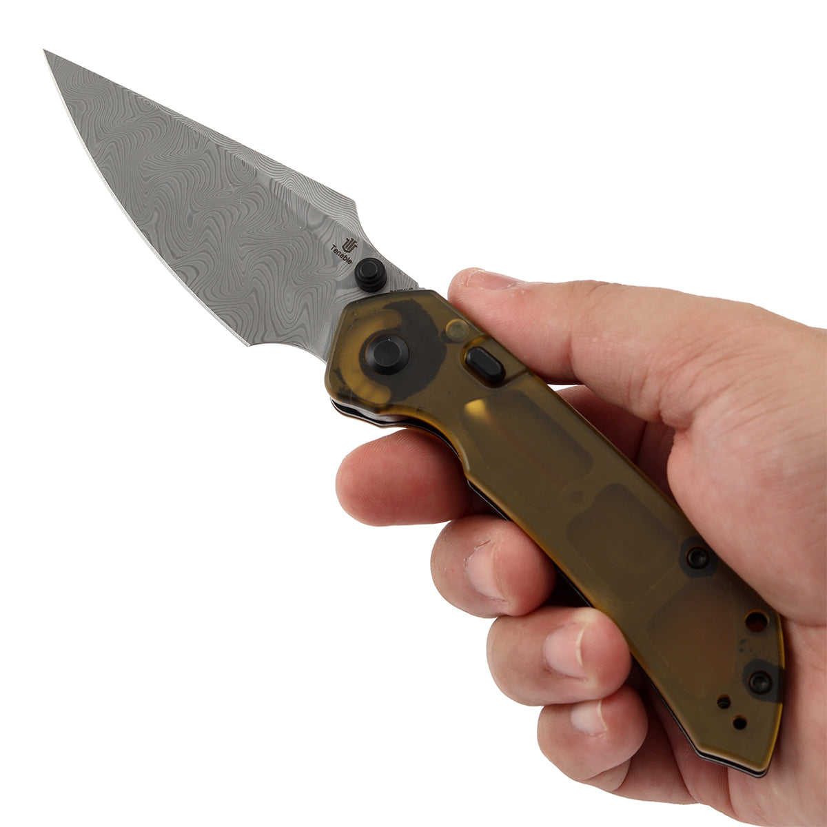 Available on TikTok -Tenable Fenrir Top Liner Lock Folding Knife| Amber PEI Handle | 3.4“ Damacus Blade | Sparrow Knife Design | B1034H6