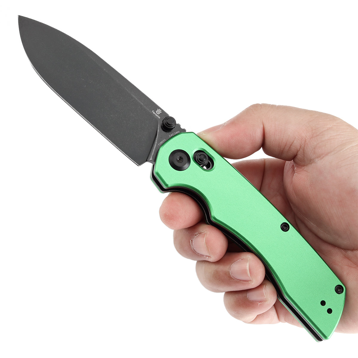 Tenable Kryo Cross Bar Lock Green Anodized Aluminum Handle (3.58‘’ Blackwash 14C28N Blade) Kim Ning Design-T1001V1