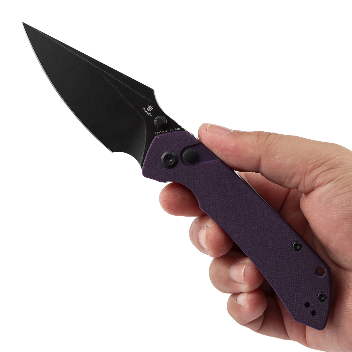 Tenable Fenrir Button Lock Knife | Purple G10 Handle | 3.45" blackwashed 14C28N | Sparrow Knife Design | T1034F10