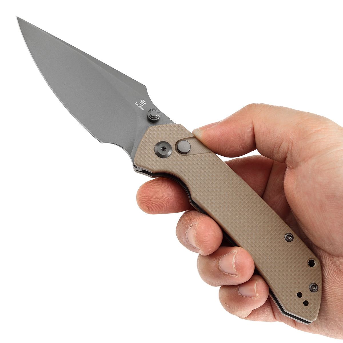 Tenable Button Lock Fenrir Folding Knife Light Sand G10 Handle (3.45" Grey TiCn Coated 14C28N Blade) Sparrow Knife Design--T1034F4