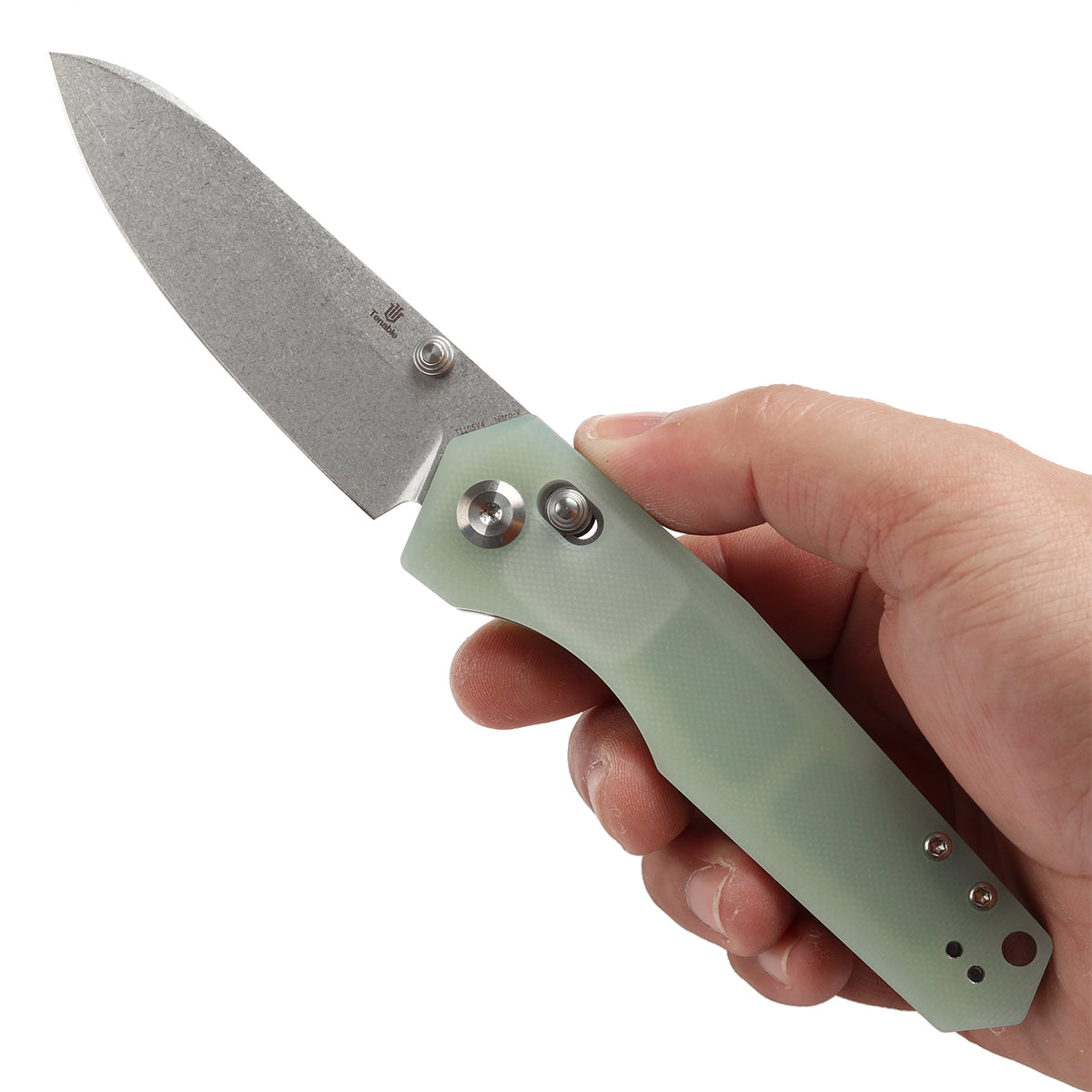 Tenable Beaver Cross Bar Lock Folding Knife Jade G10 Handle (3.44'' Stonewashed Nitro-V Blade) Kim Ning Design-T1105V4
