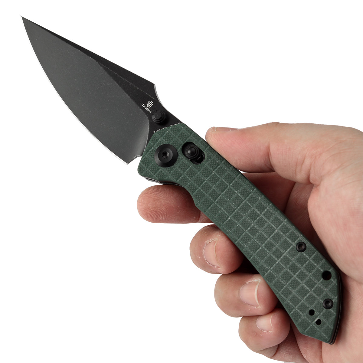 Tenable Fenrir Cross Bar Lock Folding Knife| Green G10 with Frag Pattern | 3.48" Blackwashed Nitro-V Blade | Sparrow Knife Design | T1034V12