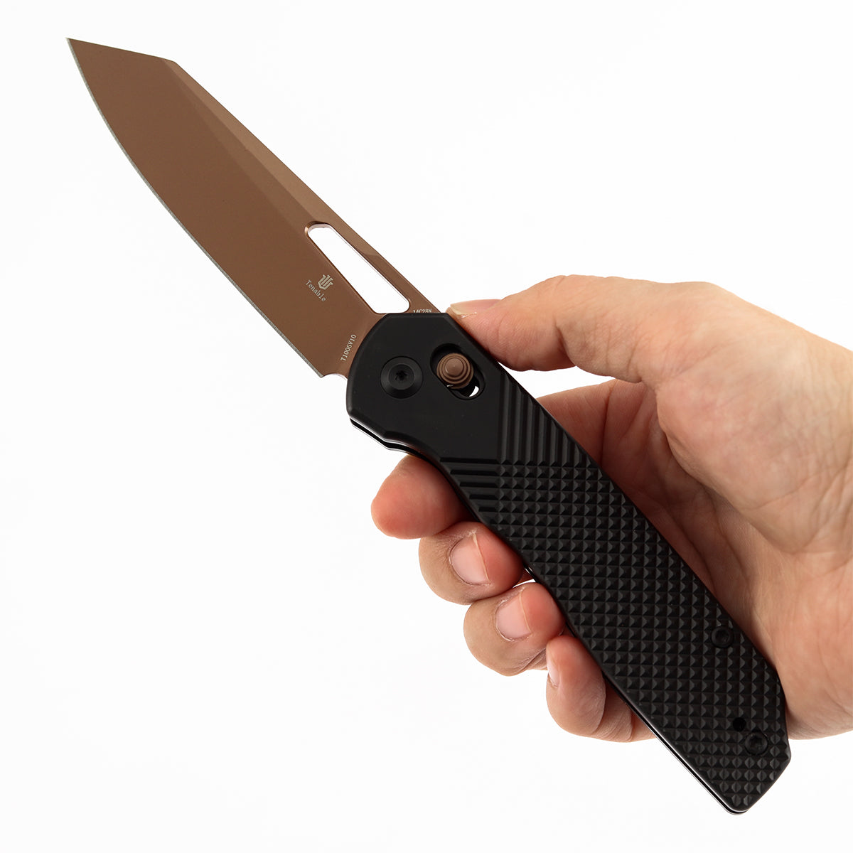 Tenable Shard | Cross Bar Lock Folding Knife | 3.47'' Rose Gold 14C28N Blade | Black Aluminum Handle | Kim Ning Design | T1006V10