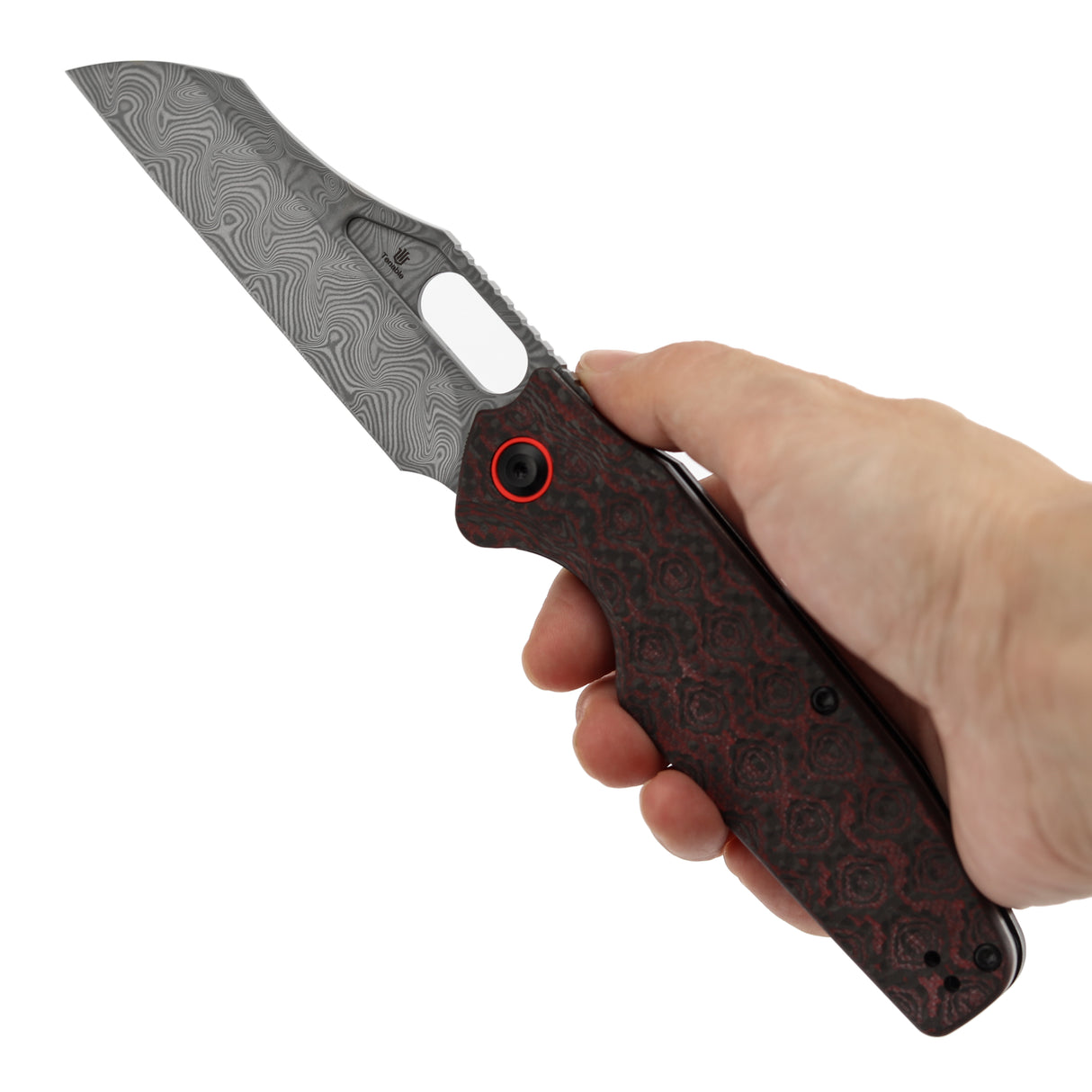 Tenable Tuckamore Folding Knife | 3.54" Water Ripple Damascus | Red & Black Rose Pattern Carbon Fiber | Jonathan Styles Design - B1052A4