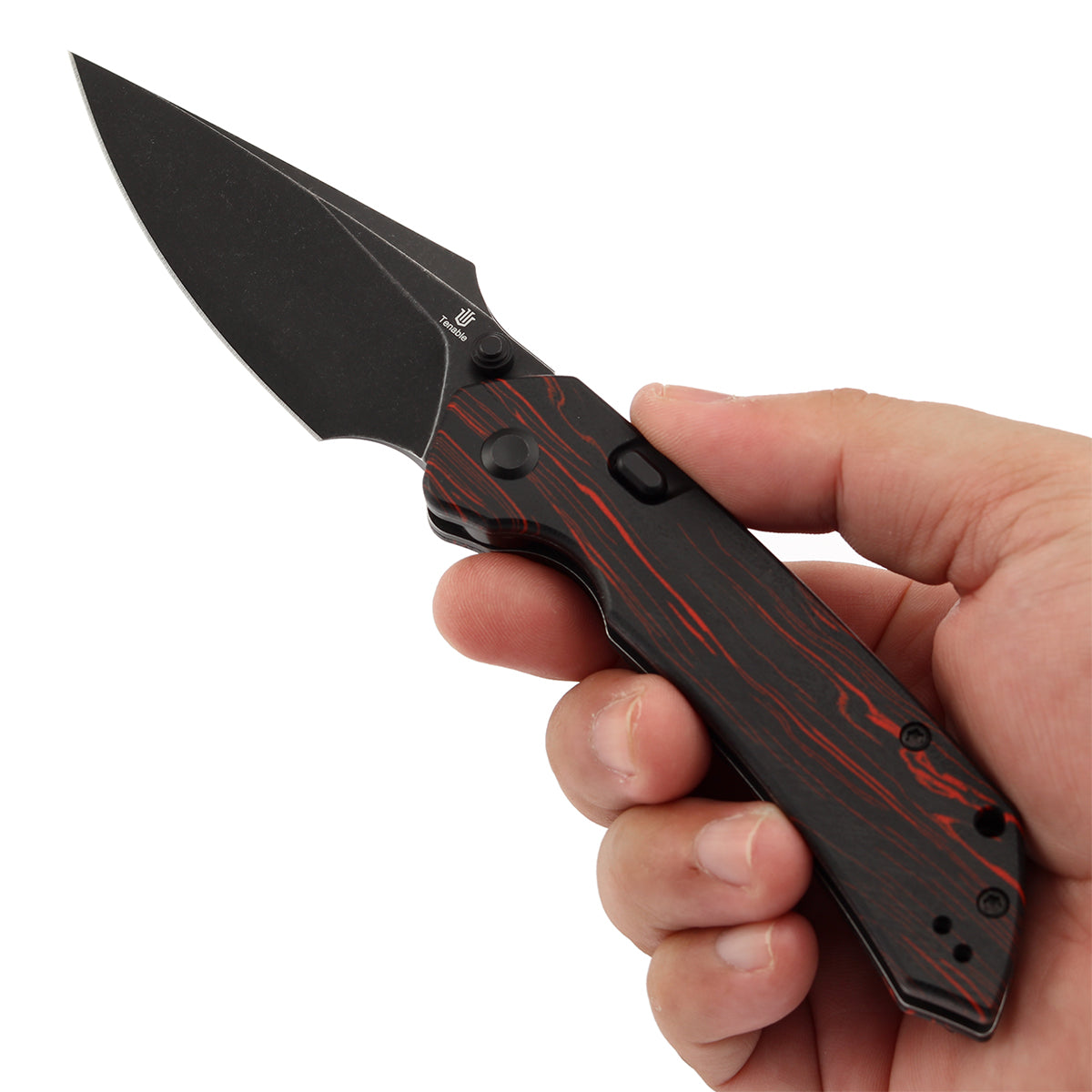 Tenable Fenrir Top Liner Lock Folding Knife| Black & Red G-mascus Handle | 3.48“ Blackwashed Nitro-V Blade | Sparrow Knife Design | B1034H2