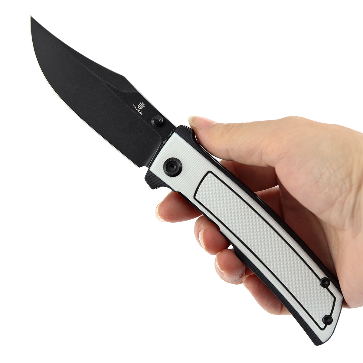 Tenable Bison Folding Knife | 3.24'' Blackwash Nitro V Blade | Black & White G10 with Frag Pattern Handle | Ray Laconico Knives Design | B2108A1