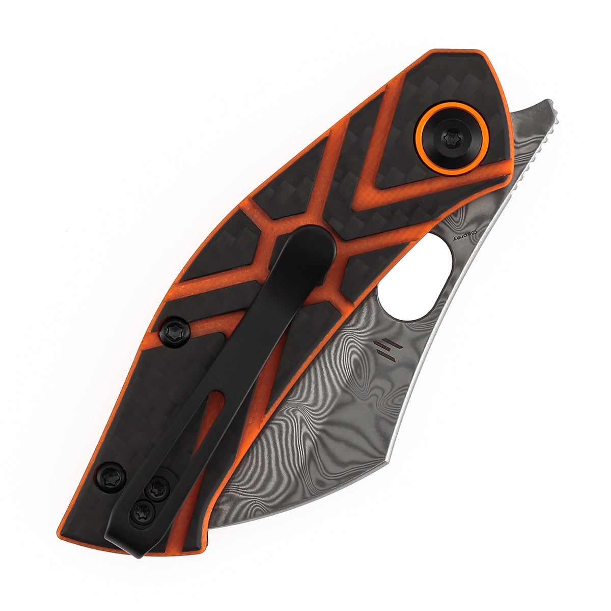 Pre-Order :Ships by Aug. 10 | Tenable Osprey Folding Knife | 2.22" Water Ripple Damascus | Twill Carbon Fiber & Orange G10 Handle | Triple Stripe Knives Design - B2087A4