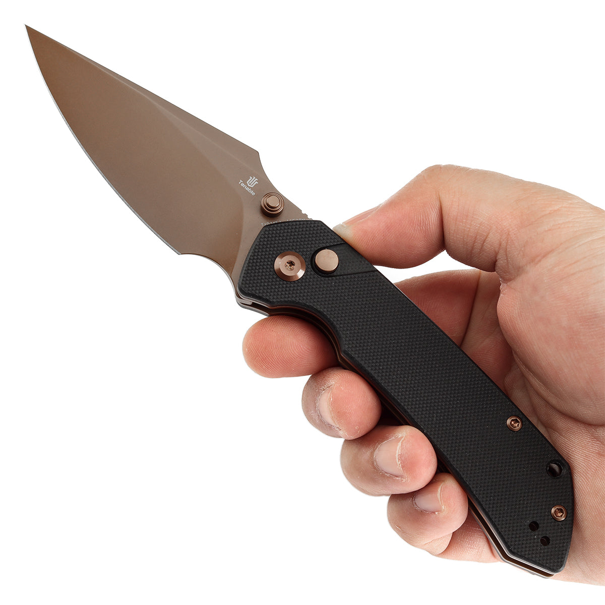 BladeHQ Exclusive Tenable Fenrir Button Lock Knife Black G-10 (3.4" Rose Gold 14C28N) T1034F2