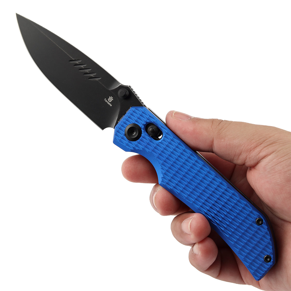 Tenable Eaglestrike | Cross Bar Lock | 3.73'' Black Stonewashed Nitro V Blade | Blue Anodized Aluminum with Diamond Pattern Handle | James Lowe Design-B1095V6