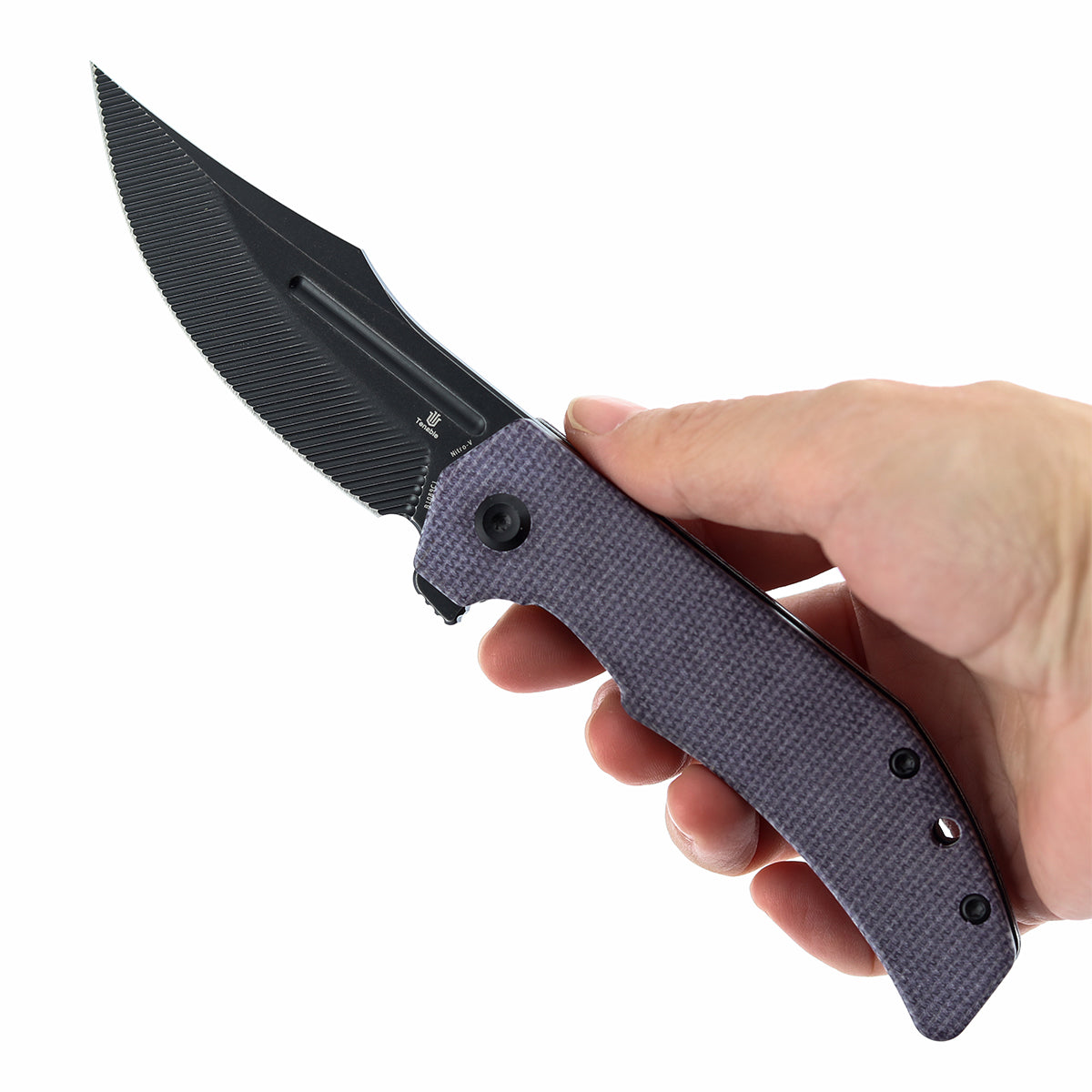 Tenable Orion Flipper Folding Knife | Purple Micarta Handle | 3.07" Blackwash Nitro V with CNC Milling Blade | JB Stout Design | B1089C1