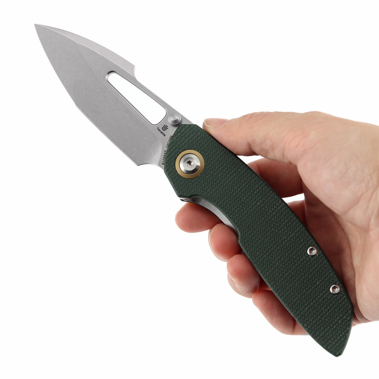Tenable Link Folding Knife | 3.0" Stonewashed 14C28N Blade | Green Micarta Handle| Triple Stripe Knives Design | B1068A5