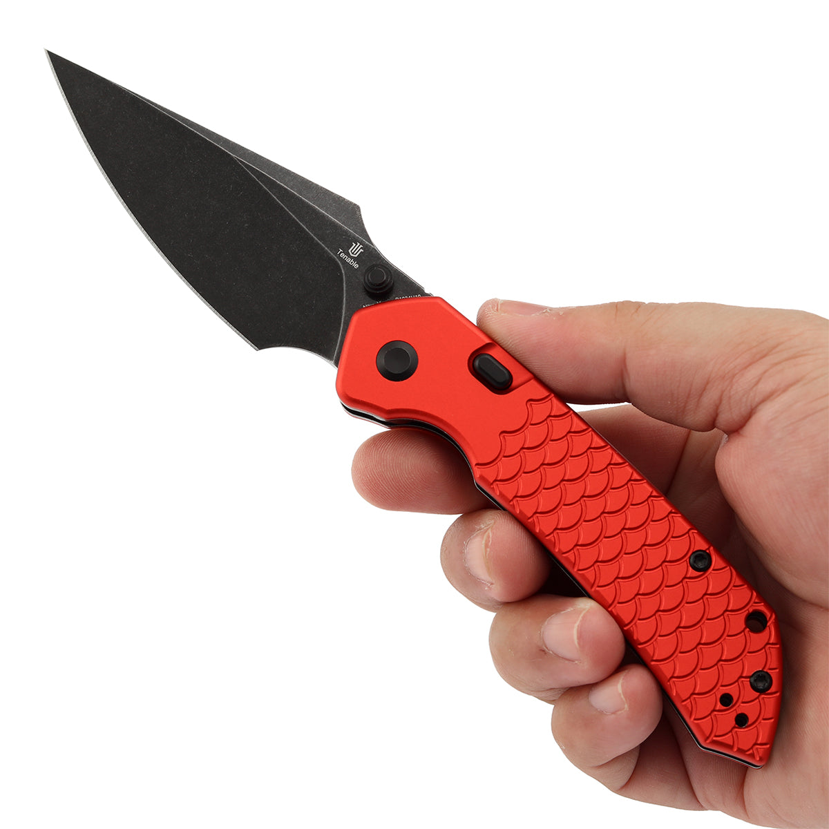 Tenable Fenrir | Top Liner Lock Folding Knife | 3.4“ Blackwashed Nitro-V Blade | Red Anodized Aluminum with Fishscale Texture Handle | Sparrow Knife Design | B1034H10