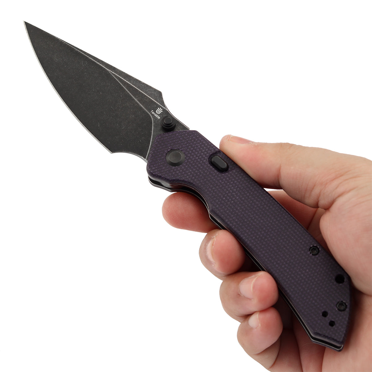 Available on TikTok - Tenable Fenrir Top Liner Lock Folding Knife| Purple Micarta | 3.48“ Blackwashed Nitro-V Blade | Sparrow Knife Design | B1034H1