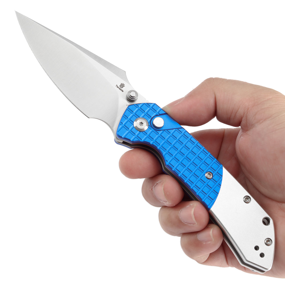 WMK Exclusive Tenable Fenrir Folding Knife Button Lock Blue Frag G10 & Aluminum 14c28n Blade T1034S1