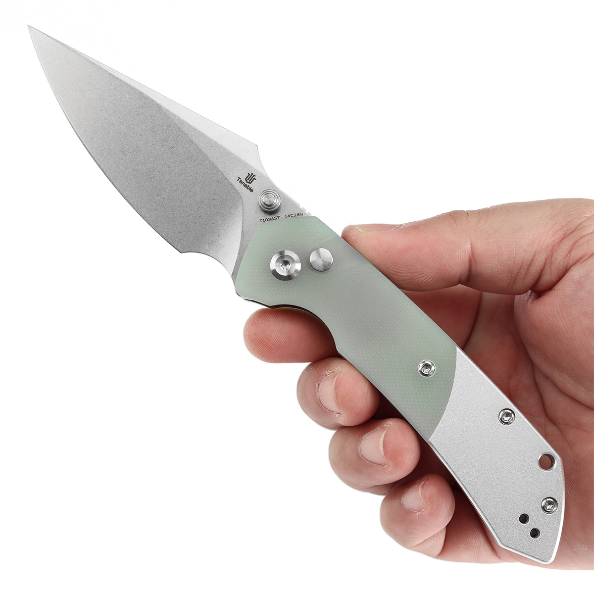 Tenable Button Lock Fenrir Folding Knife Jade G10 & Plain Aluminum Handle (3.45" Stonewashed 14C28N Blade) Sparrow Knife Design--T1034S7