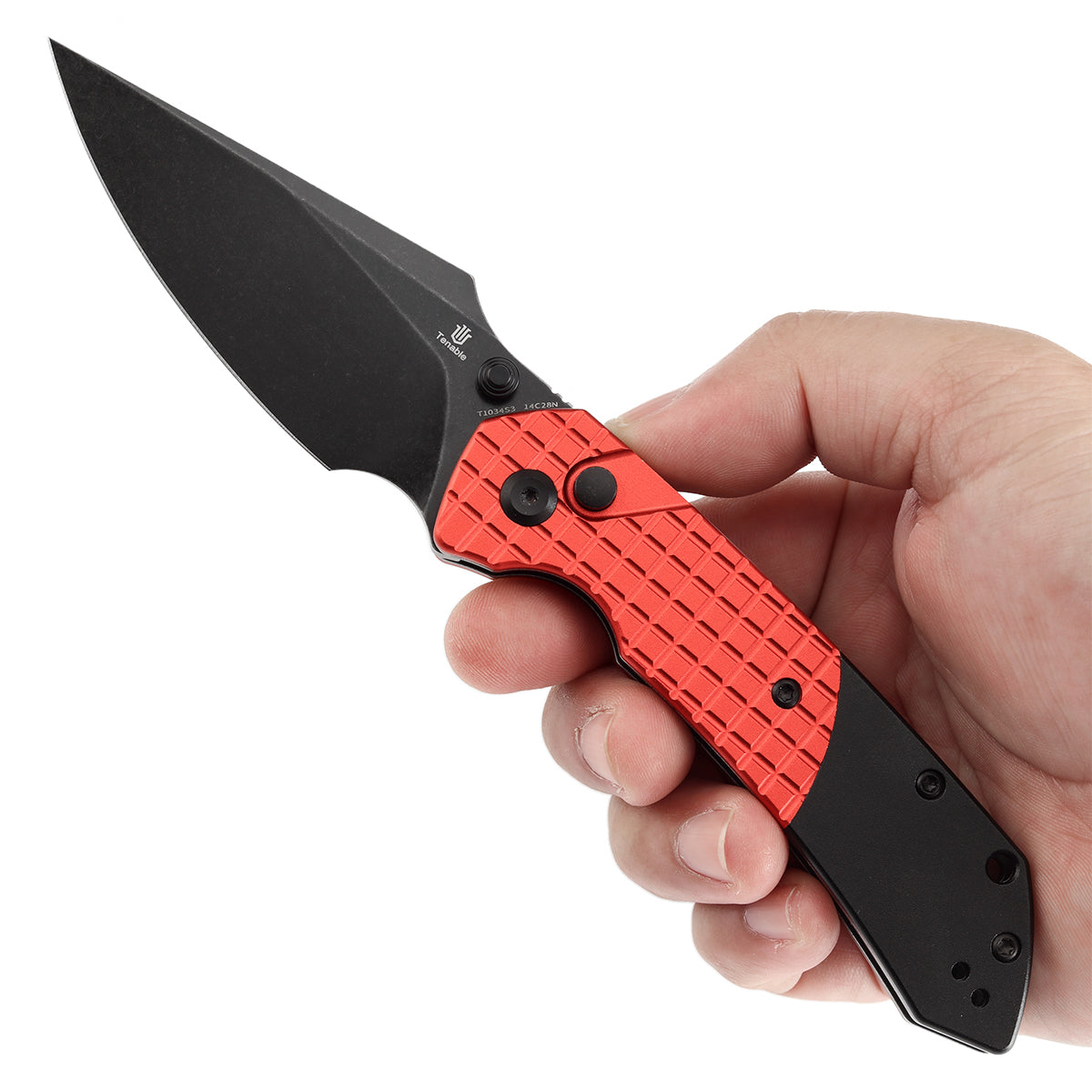 Tenable Button Lock Fenrir Folding Knife-Best Gift for Christmas Dark Red Aluminum with Frag Pattern & Black Handle (3.45" Blackwash 14C28N Blade) Sparrow Knife Design--T1034S3