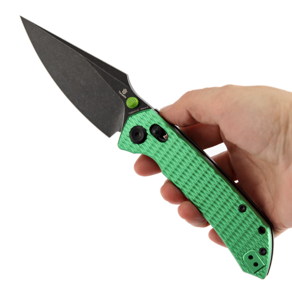 Fenrir Cross Bar Lock Folding Knife| 3.48'' Blackwash Nitro-V Blade | Green Anodized Aluminum with Diamond Patter Handle | Sparrow Knife Design| T1034V16