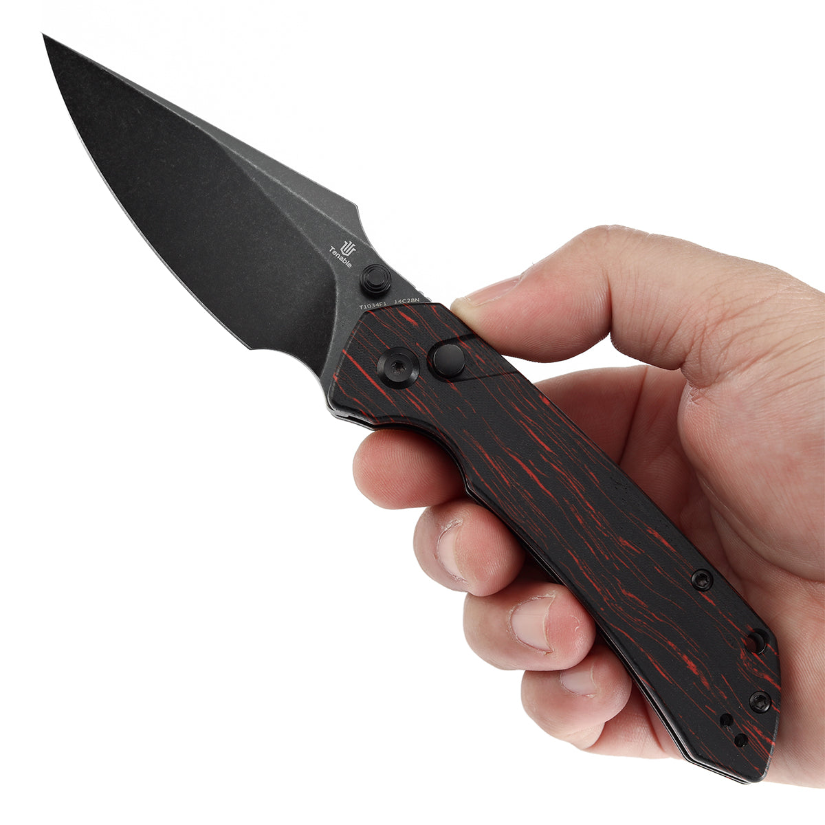 Tenable Button Lock Fenrir Folding Knife Black & Red G-mascus Handle (3.45" Blackwash 14C28N Blade) Sparrow Knife Design--T1034F1
