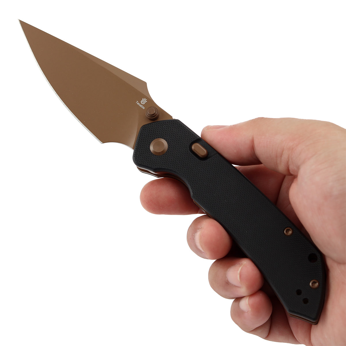 Available on TikTok - Tenable Fenrir Top Liner Lock Folding Knife| Black G10 Handle | 3.48“ Rose Gold Coated Nitro-V Blade | Sparrow Knife Design | B1034H3