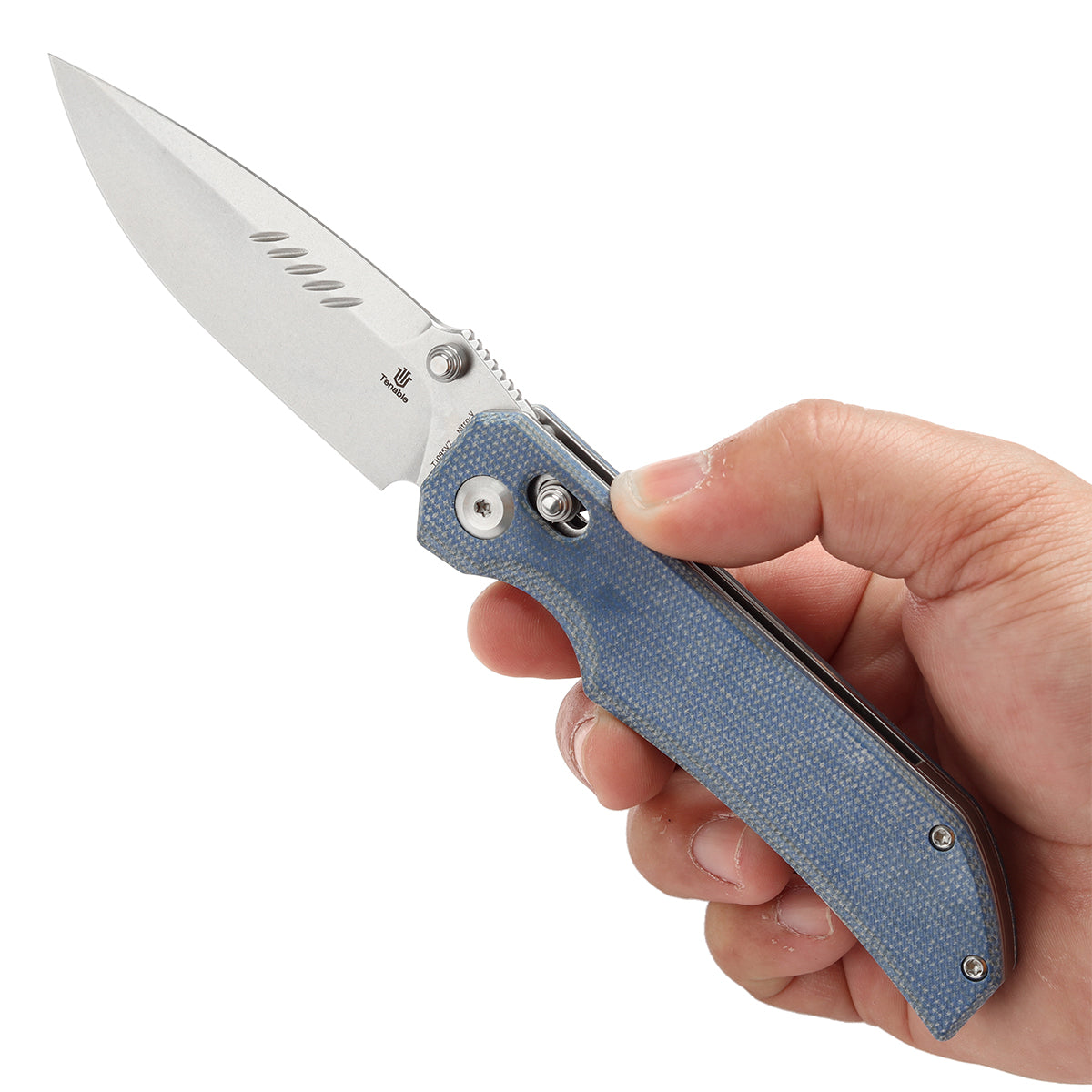 Tenable Eaglestrike Cross Bar Lock Folding Knife Blue Micarta Handle (3.73'' Stonewashed Nitro-V Blade) James Lowe Design-T1095V2