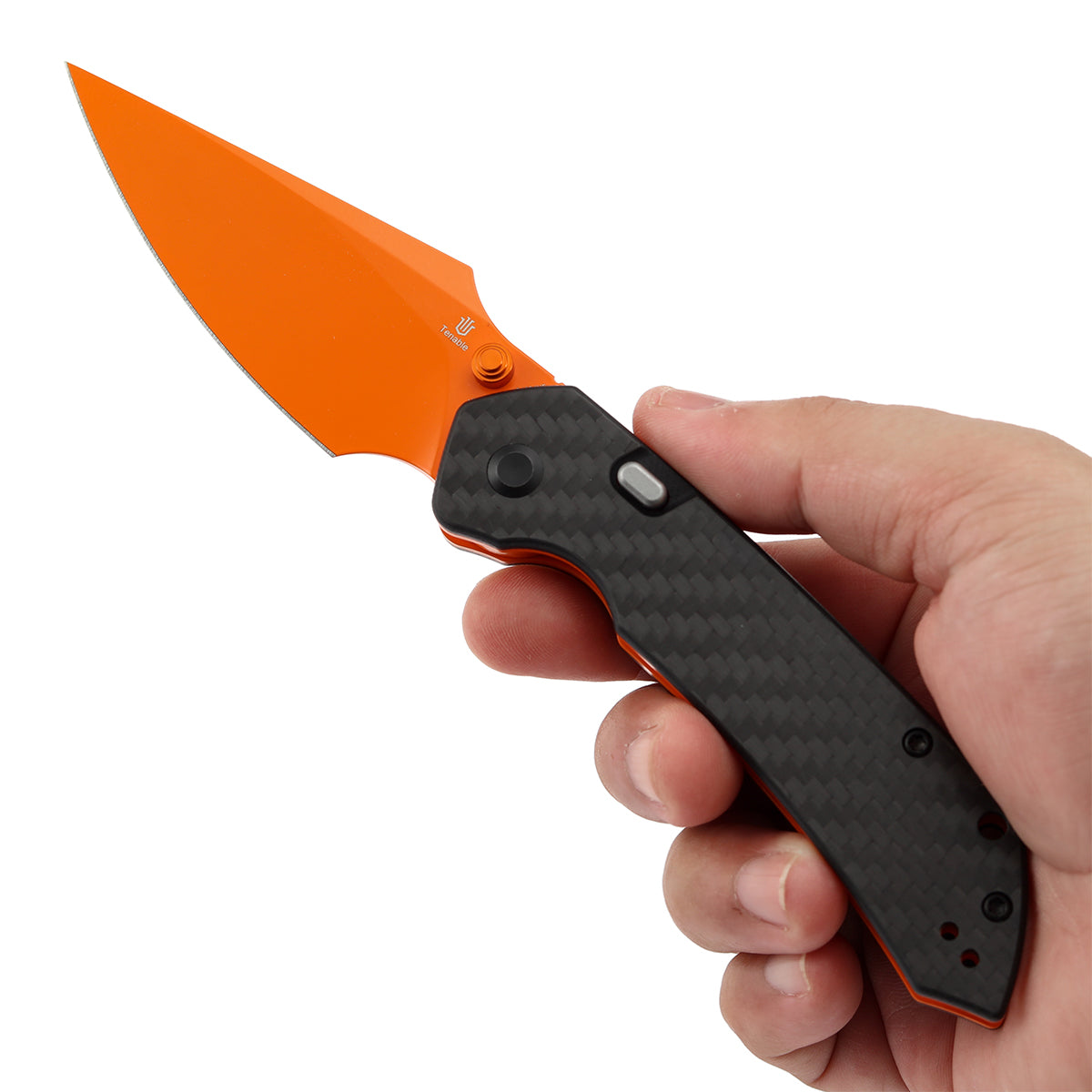 Tenable Fenrir Top Liner Lock Folding Knife|  Twill Carbon Fiber Handle | 3.48“  Orange Coated Nitro V Blade | Sparrow Knife Design | B1034H5