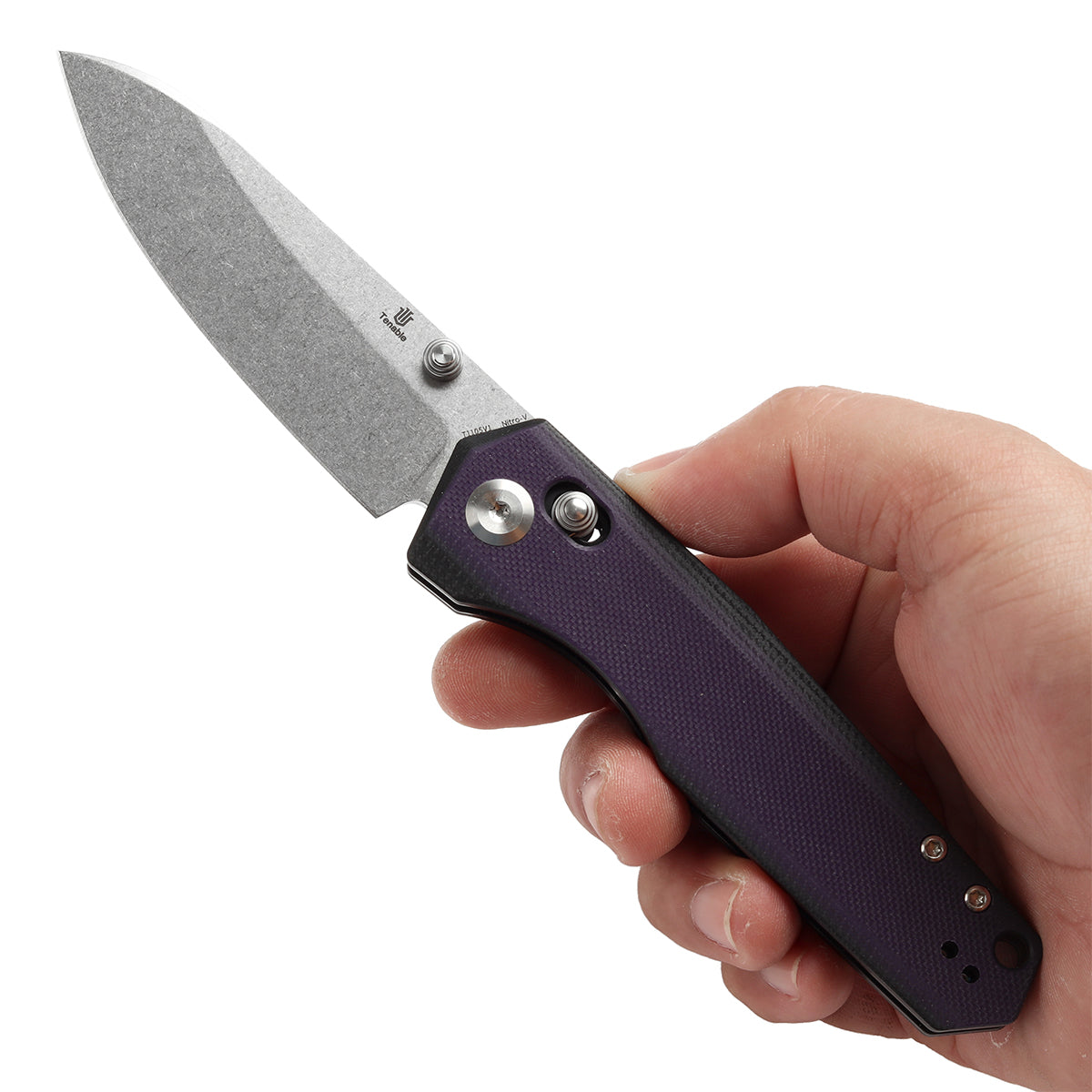 Tenable Beaver Cross Bar Lock Folding Knife Purple and Black G10 Handle (3.44'' Stonewashed Nitro-V Blade) Kim Ning Design-T1105V1