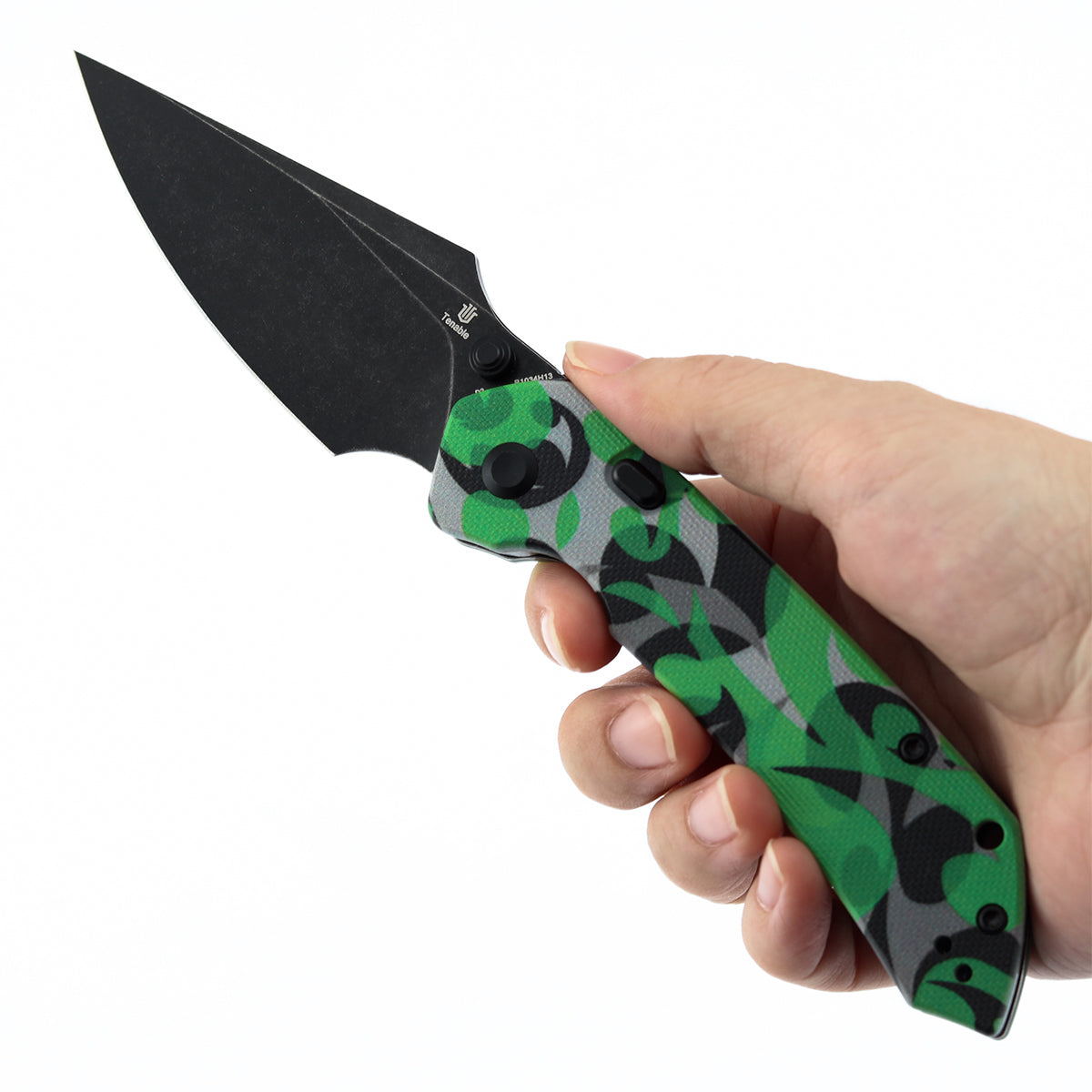 Tenable Fenrir Top Liner Lock Folding Knife| 3.4“ Blackwash D2 Blade | Jade G10 with Green Camouflage Pattern Handle | Sparrow Knife Design | B1034H13