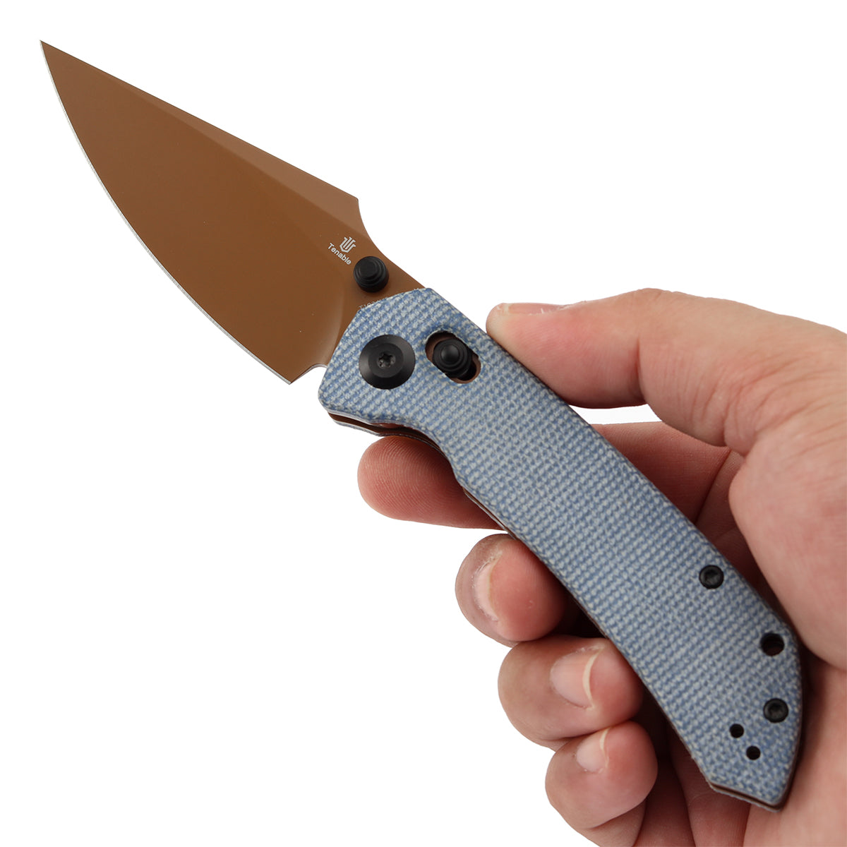 Tenable Fenrir Cross Bar Lock Folding Knife| Blue Micarta | 3.48" Rose Gold Coated Nitro-V Blade | Sparrow Knife Design | T1034V6