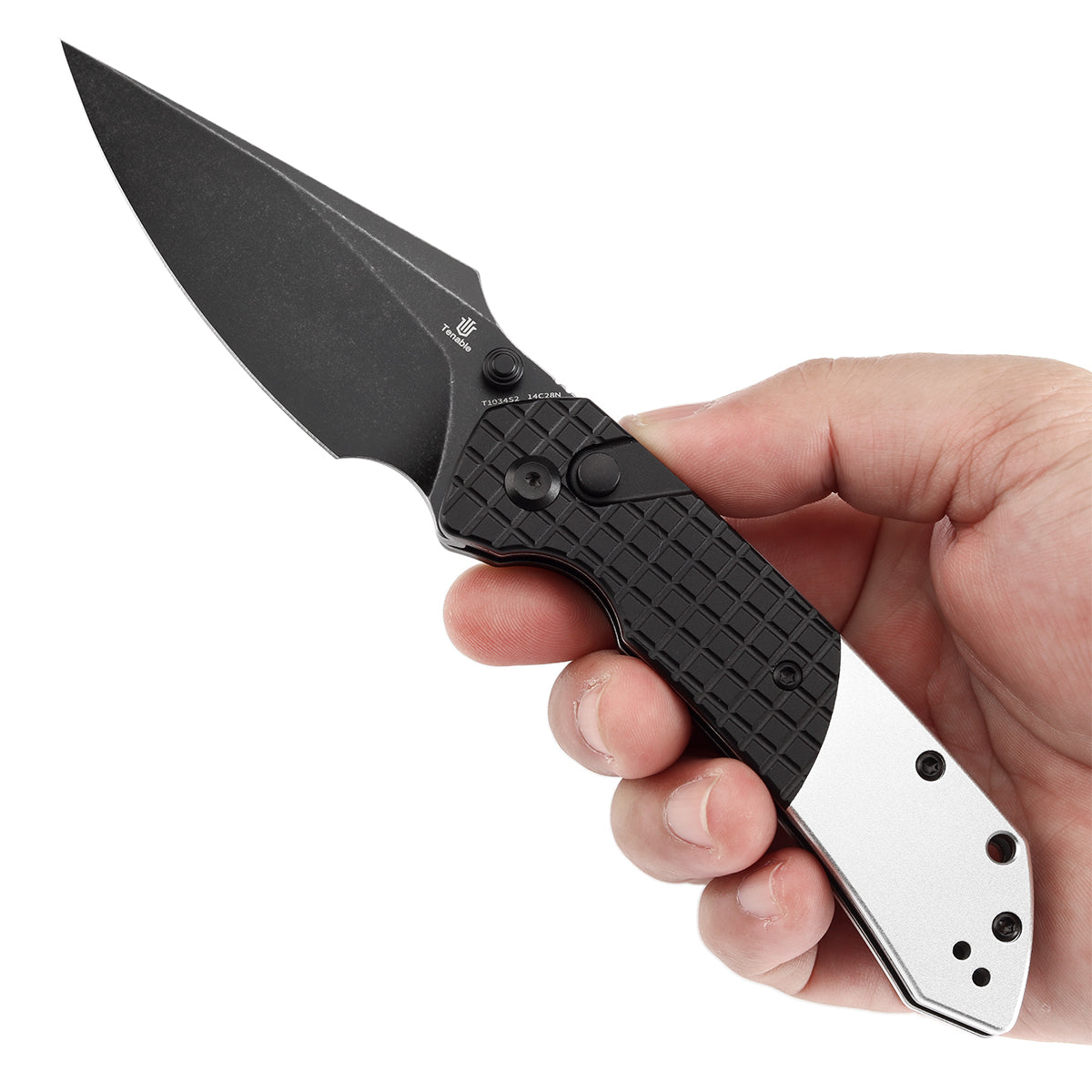 Tenable Button Lock Fenrir Folding Knife Black Frag Pattern & Plain Aluminum Handle (3.45" Blackwash 14C28N Blade) Sparrow Knife Design--T1034S2