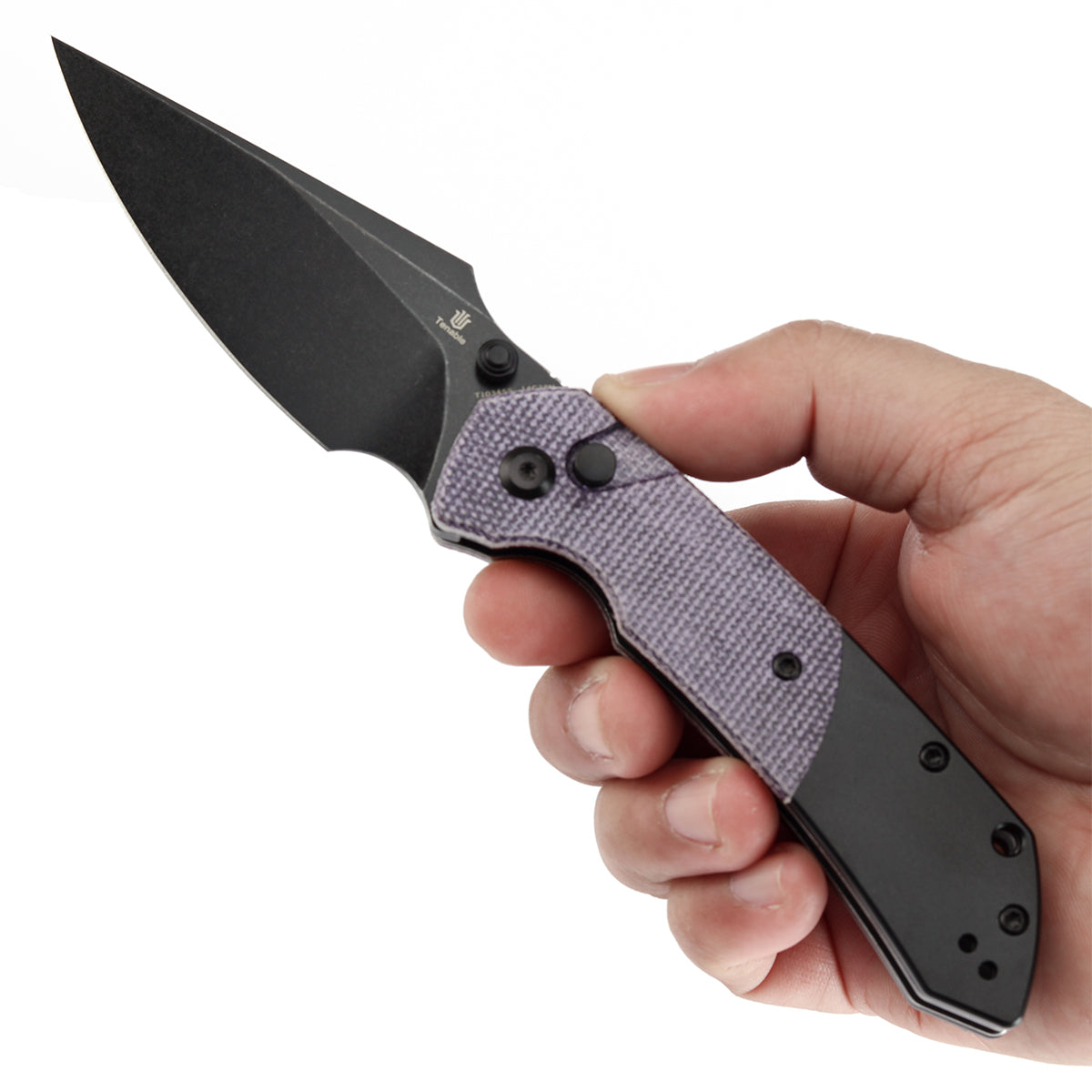 Tenable Button Lock Fenrir Folding Knife Purple Micarta & Blackwash Aluminum Handle (3.45" Blackwash 14C28N Blade) Sparrow Knife Design--T1034S5
