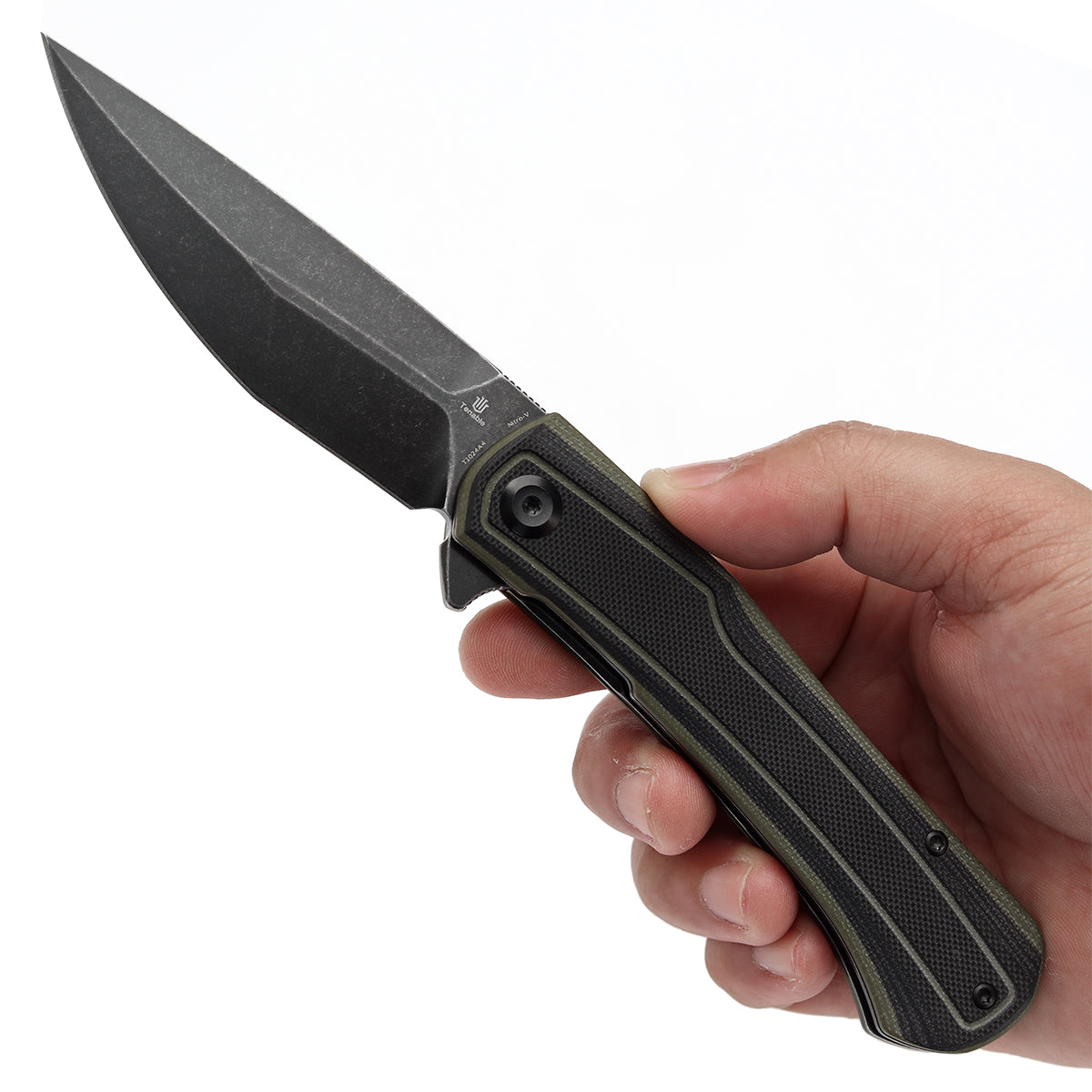 Tenable Kratos Folding Knife Black and Green G10 Handle(3.79" Blackwash Nitro-V Blade) Ostap Hel Design-T1024A4