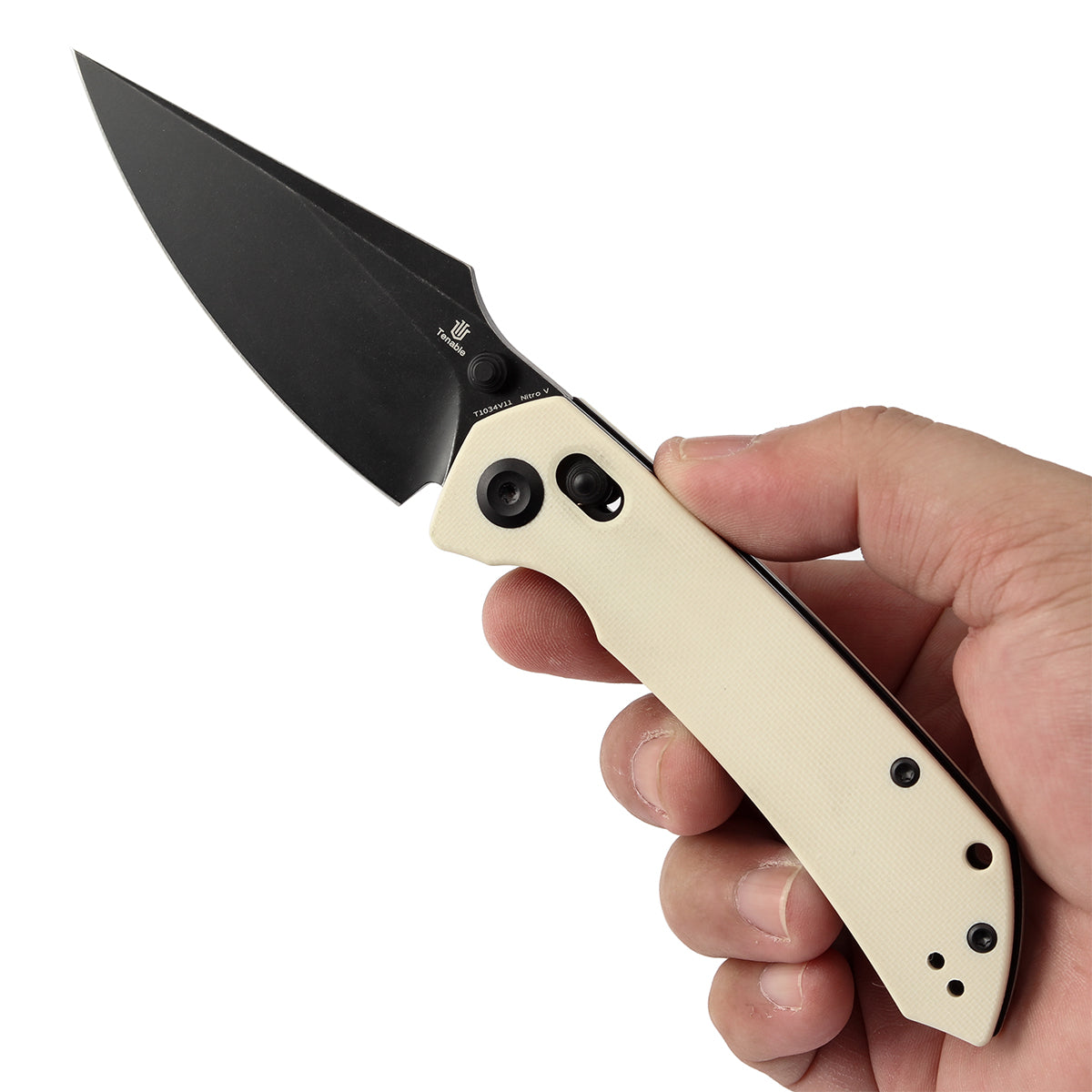 Tenable Fenrir Cross Bar Lock Folding Knife| Ivory White G10 | 3.48" Blackwashed Nitro-V Blade | Sparrow Knife Design | T1034V11