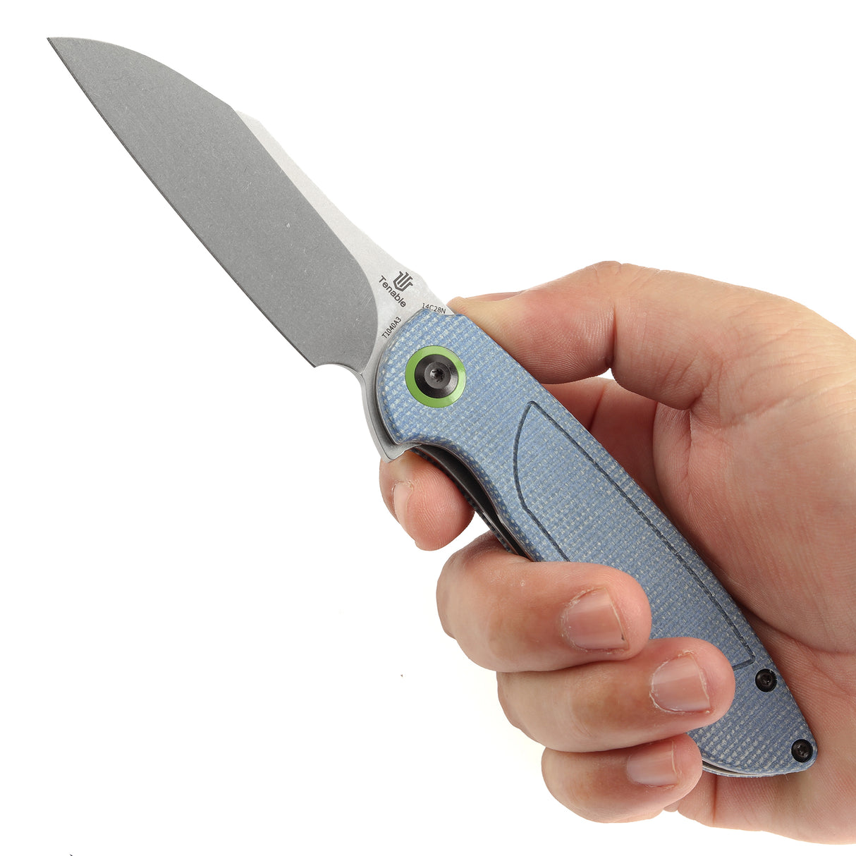 Tenable Prometheus Folding Knife Blue Micarta Handle(3.29'' Stonewashed 14C28N Blade)D.O.C.K. Design-T1040A3