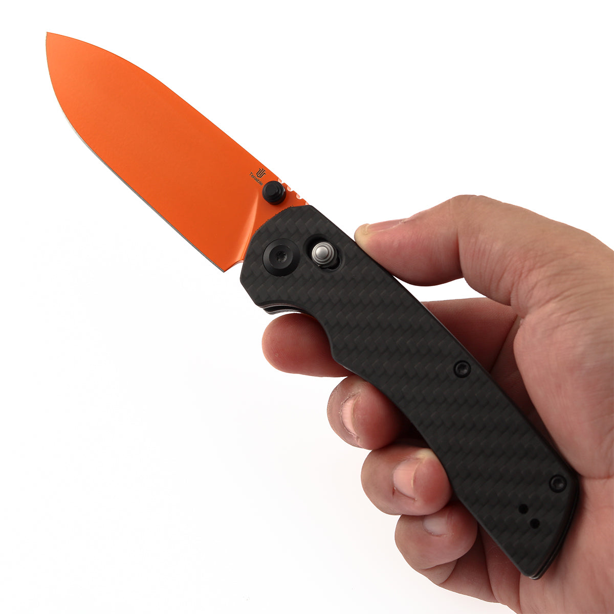 Tenable Kryo Cross Bar Lock |Twill Carbon Fiber+G10 Handle | 3.58‘’ Orange Coated 14C28N Blade | Kim Ning Design-T1001V12