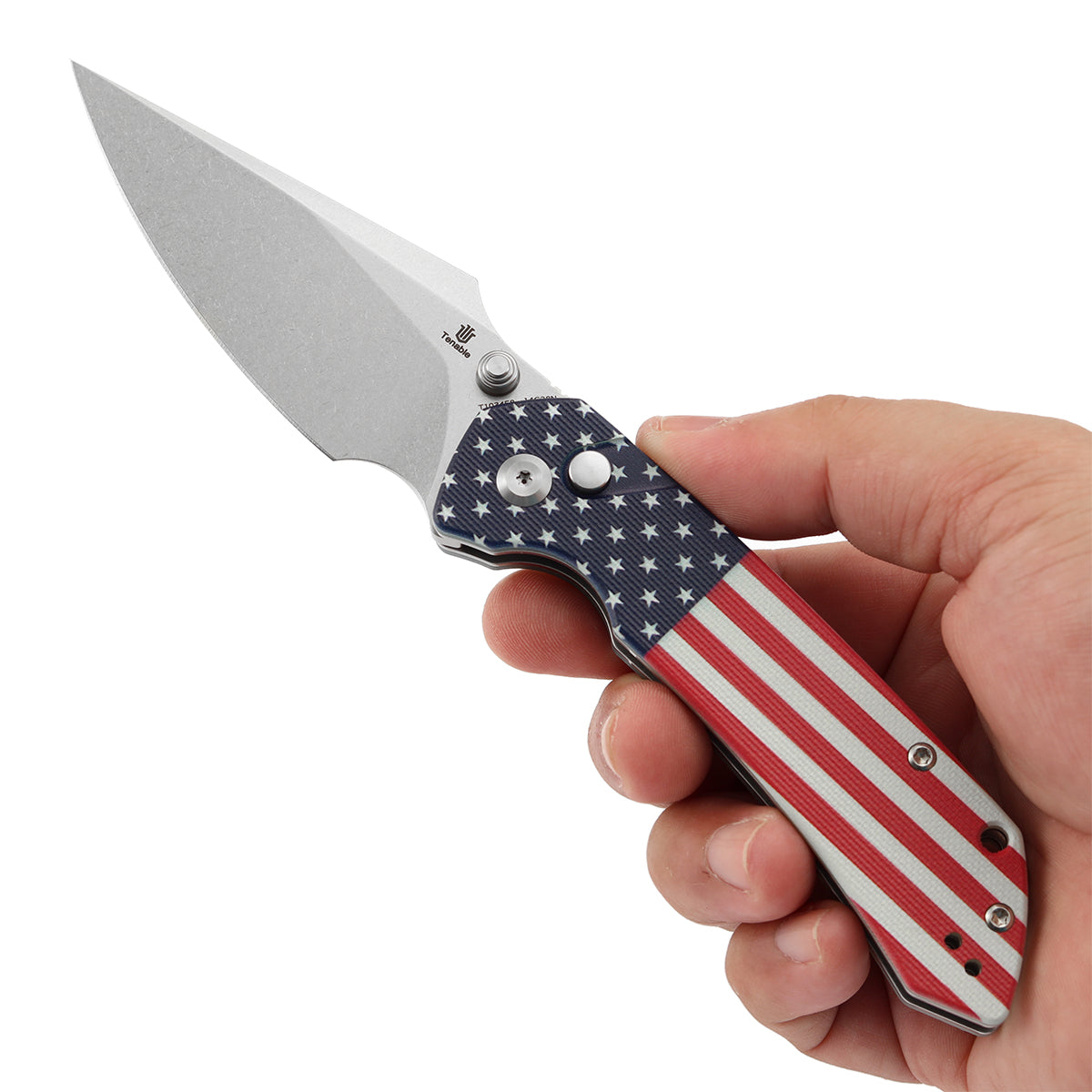 Tenable Fenrir Button Lock Knife | Jade G10 with American Flag Handle | 3.45" Stonewashed 14C28N | Sparrow Knife Design | T1034F8