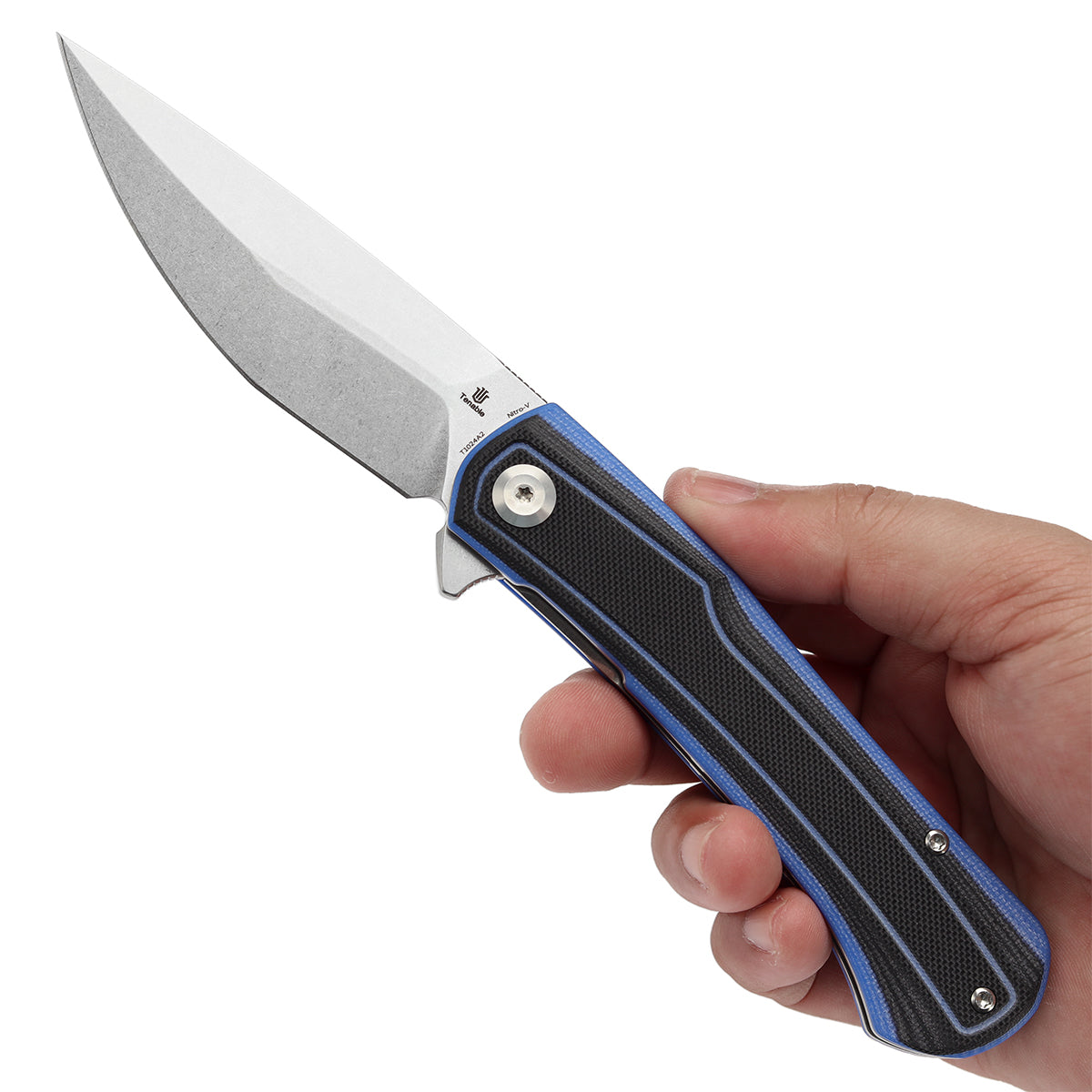 Tenable Kratos Folding Knife Black and Blue G10 Handle(3.79" Stonewashed Nitro-V Blade) Ostap Hel Design-T1024A2