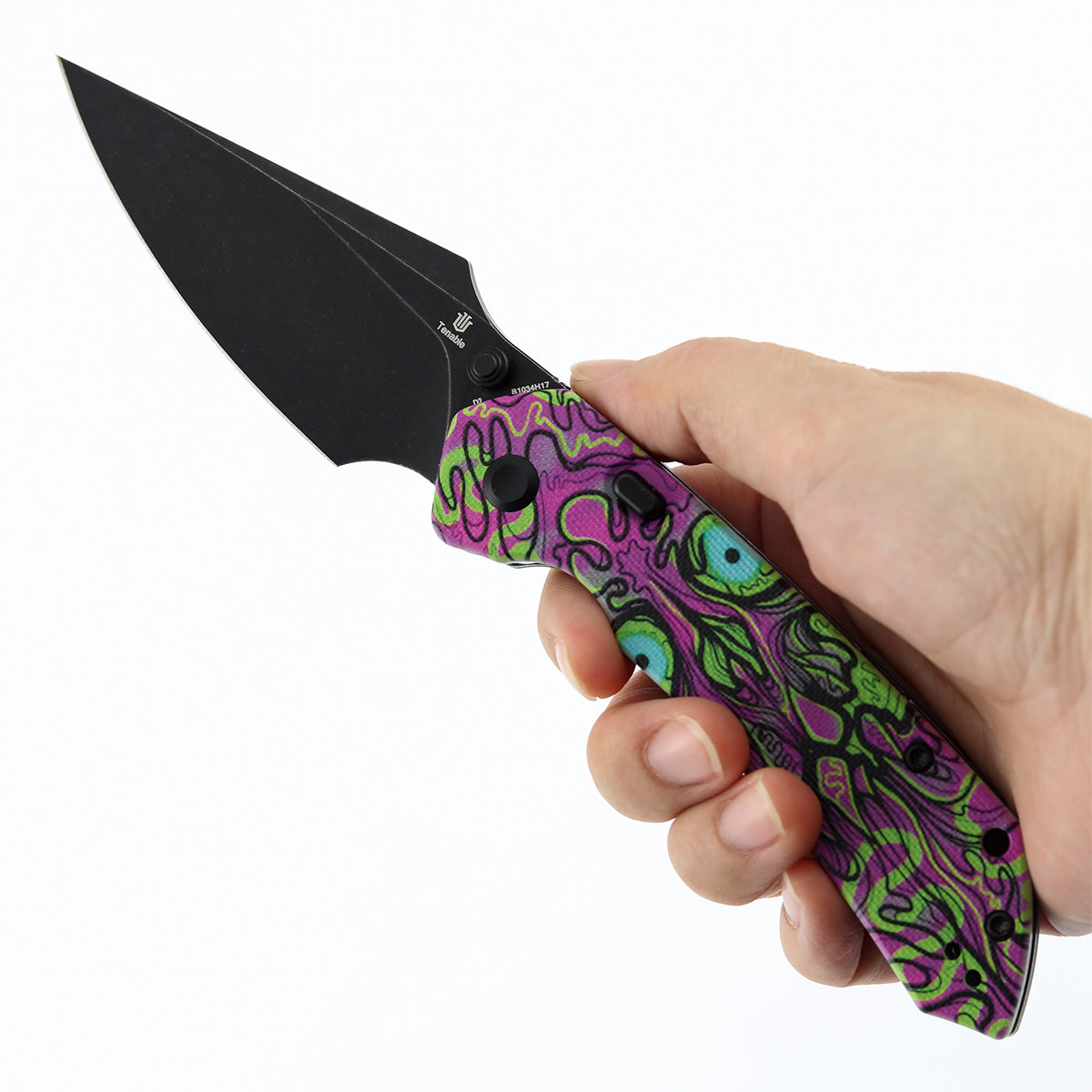 Ship from China - Tenable Fenrir Top Liner Lock Folding Knife| 3.4“ Blackwash Nitro-V Blade | Jade G10 with Purple Undead Print Handle | Sparrow Knife Design | B1034H17