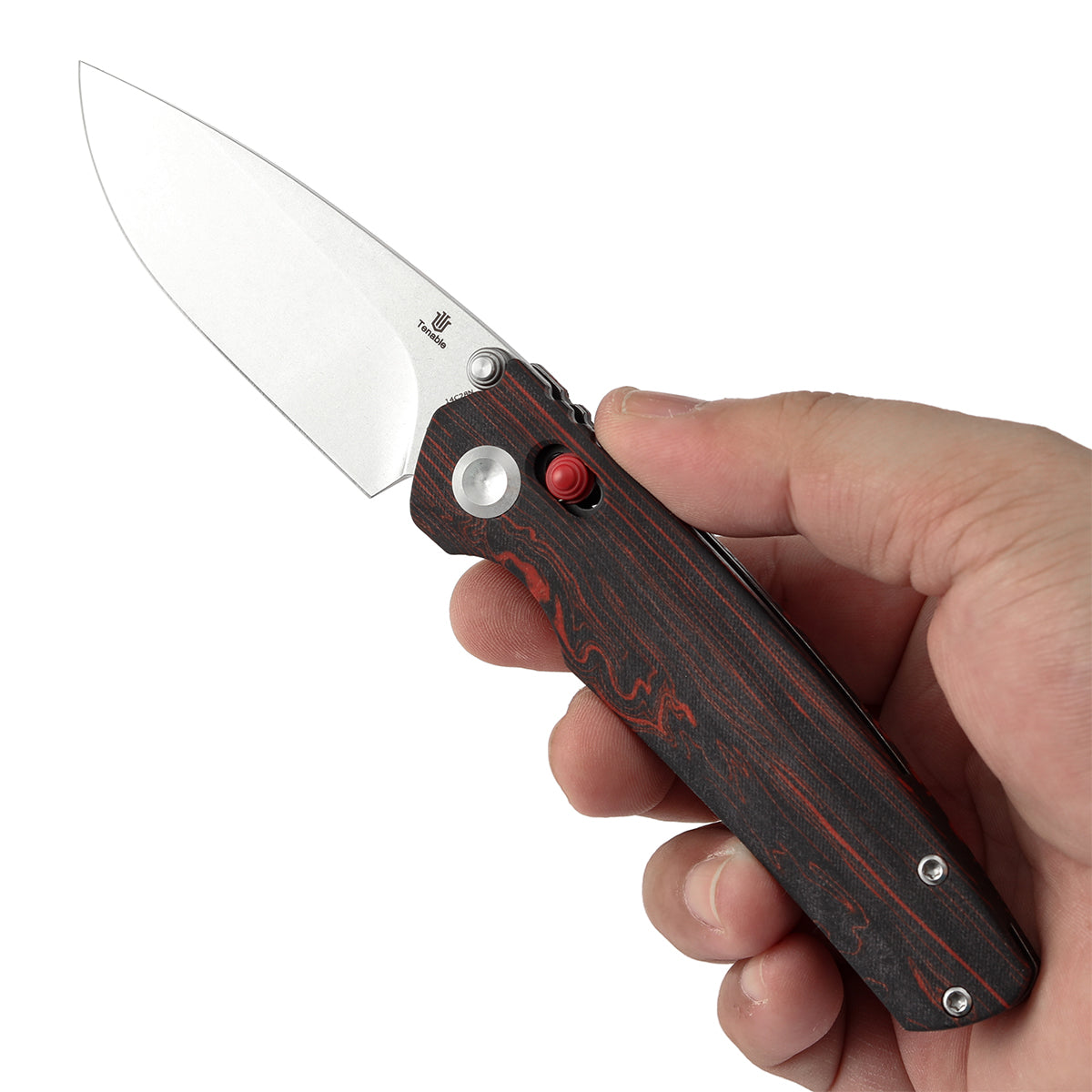 Tenable Raven Cross Bar Lock Folding Knife | 3.14" Stonewashed 14C28N Blade | Red and Black G-mascus Handle | Black Bird Blades Design -T2109V3