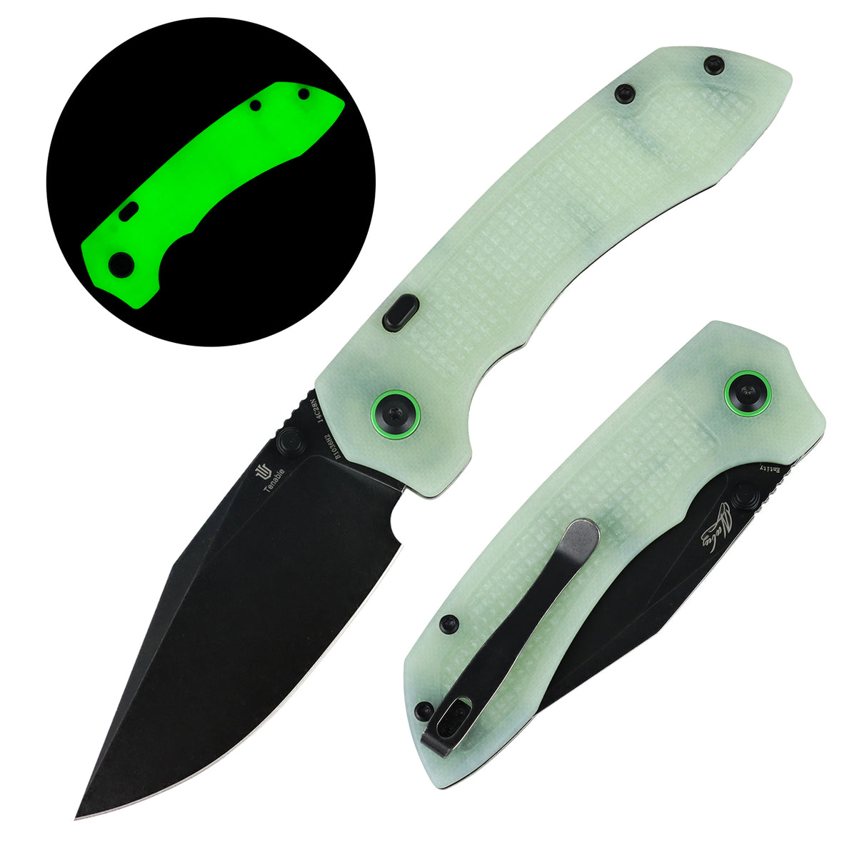 Tenable Entity Top Liner Lock Folding Knife | 3.52“ Blackwash 14C28N Blade | Glow-in-the-Dark Green G10 Handle | Nalu Knives Design - B1036H2