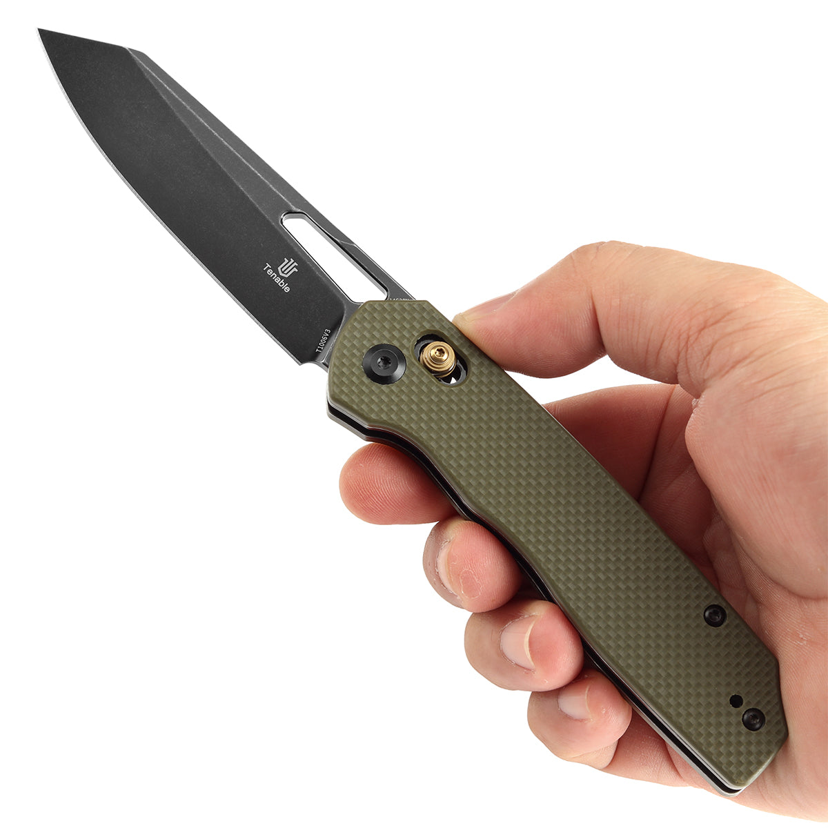 Tenable Shard Cross Bar Lock Olive Green G10 Handle (3.47'' Blackwash 14C28N Blade) Kim Ning Design-T1006V3